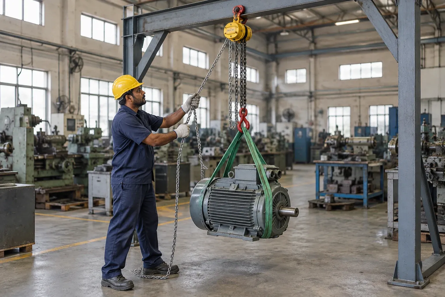 Technician lifting an electric motor with a chain pulley block in a workshop