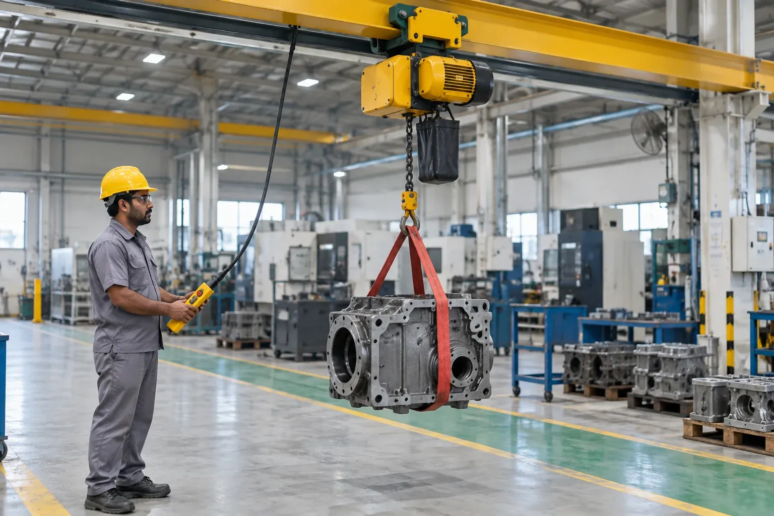 Electric chain hoist with pendant control lifting a load in a factory bay